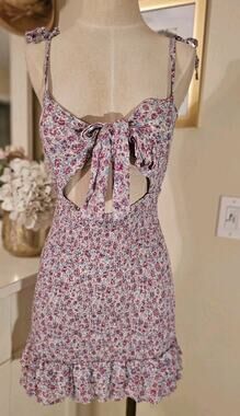 Winston White Ditsy Floral Smocked Tie-Front Cutout Mini Dress Small